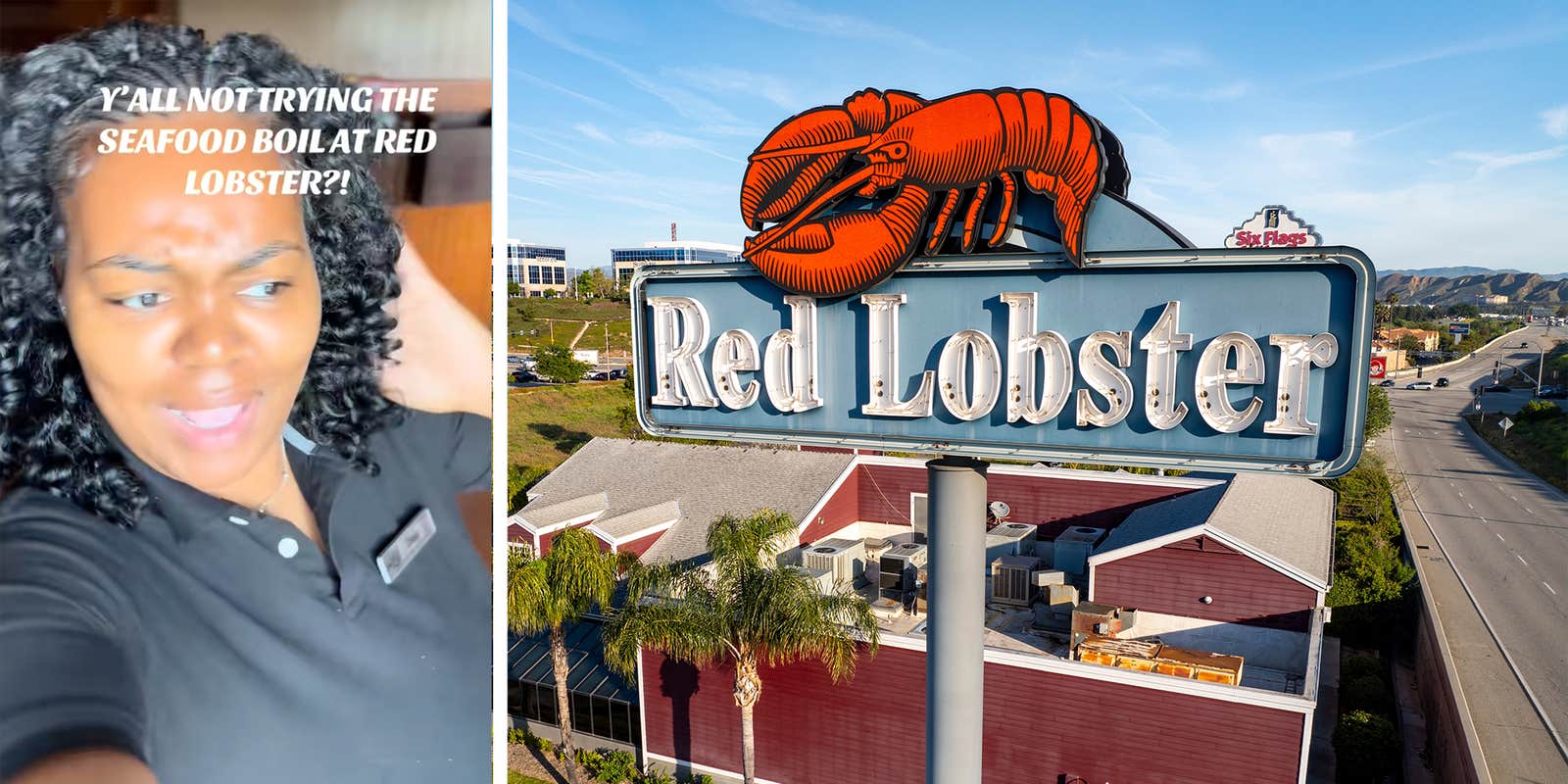 Red Lobster signage outside a restaurant location. A Red Lobster server in a black shirt makes a concerned look on her face. Her text reads, 'Y'all not trying the seafood boil at Red Lobster?!'