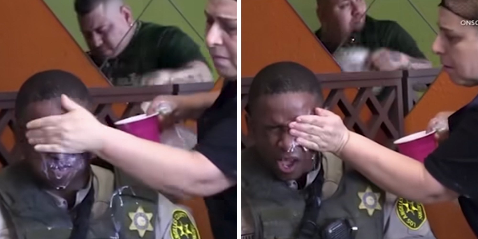 A restaurant employee slapping milk into a police officer's eyes after he was pepper-sprayed