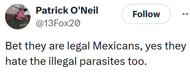 Tweet reading 'Bet they are legal Mexicans, yes they hate the illegal parasites too.'