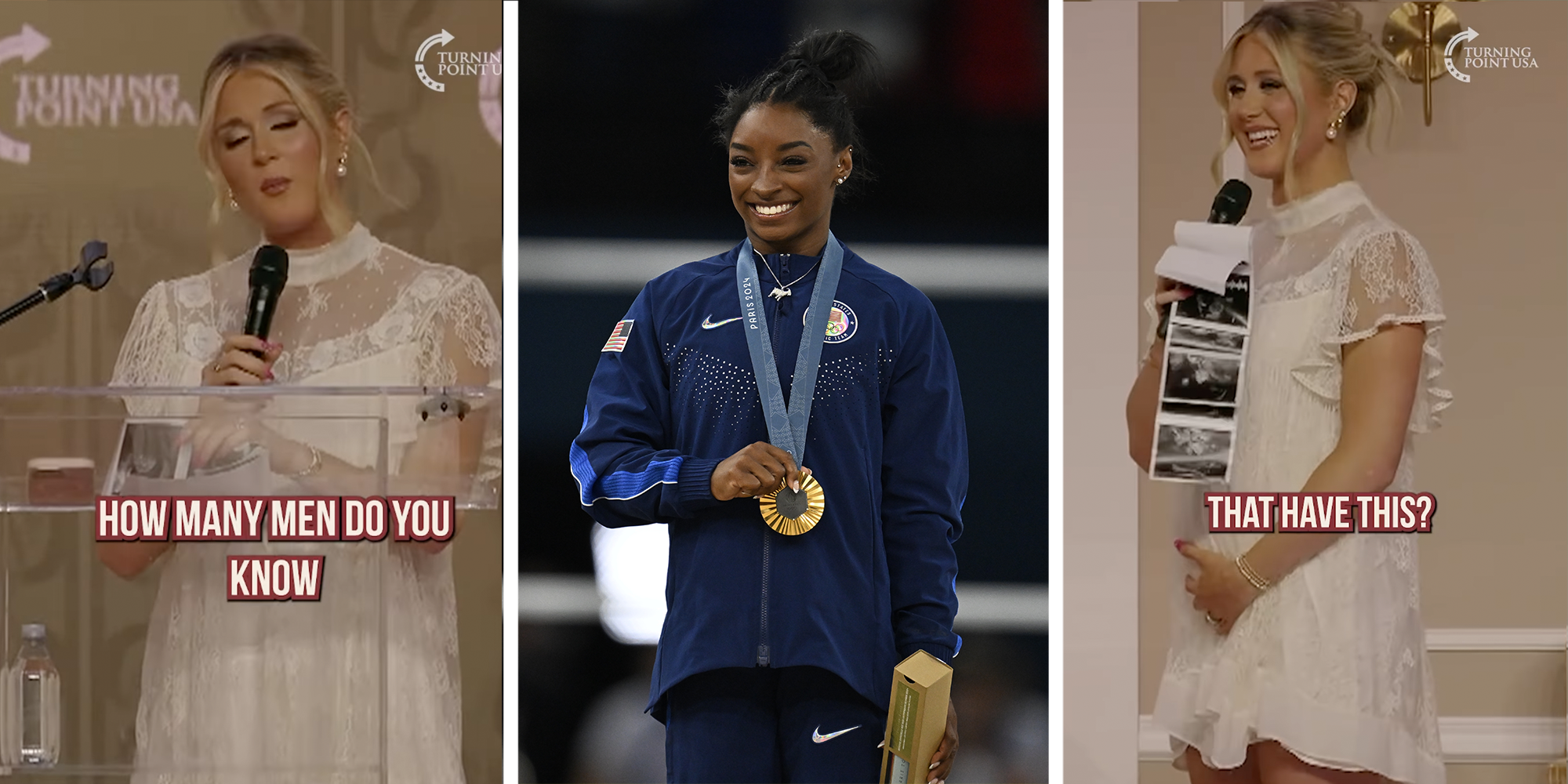 Riley Gaines reveals pregnancy announcement at Turning Point event. Simon Biles stands in the center holding her Olympic gold medal.