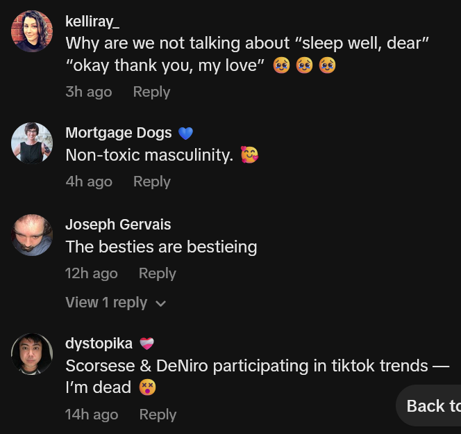 TikTok comments including one reading 'Scorsese & DeNiro participating in tiktok trends — I’m dead'