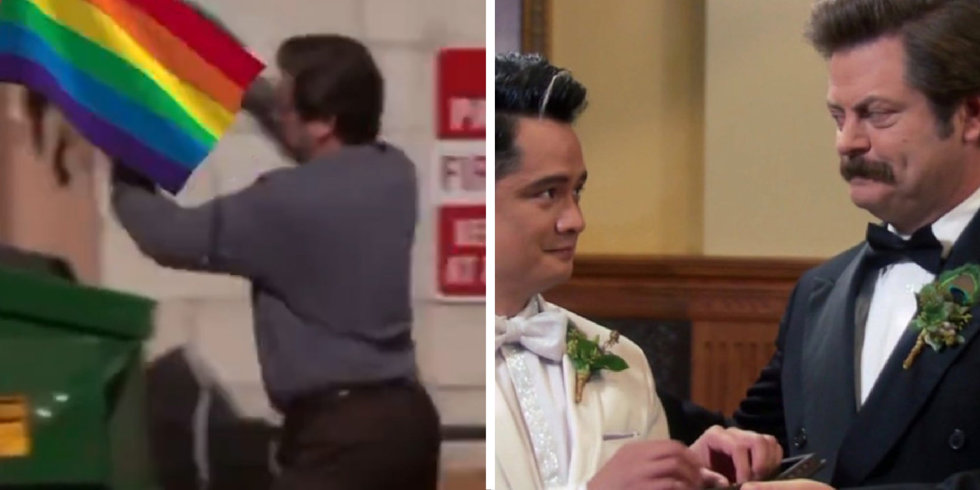 2 panel image showing an altered gif from Parks and Recreations and a scene from the show.