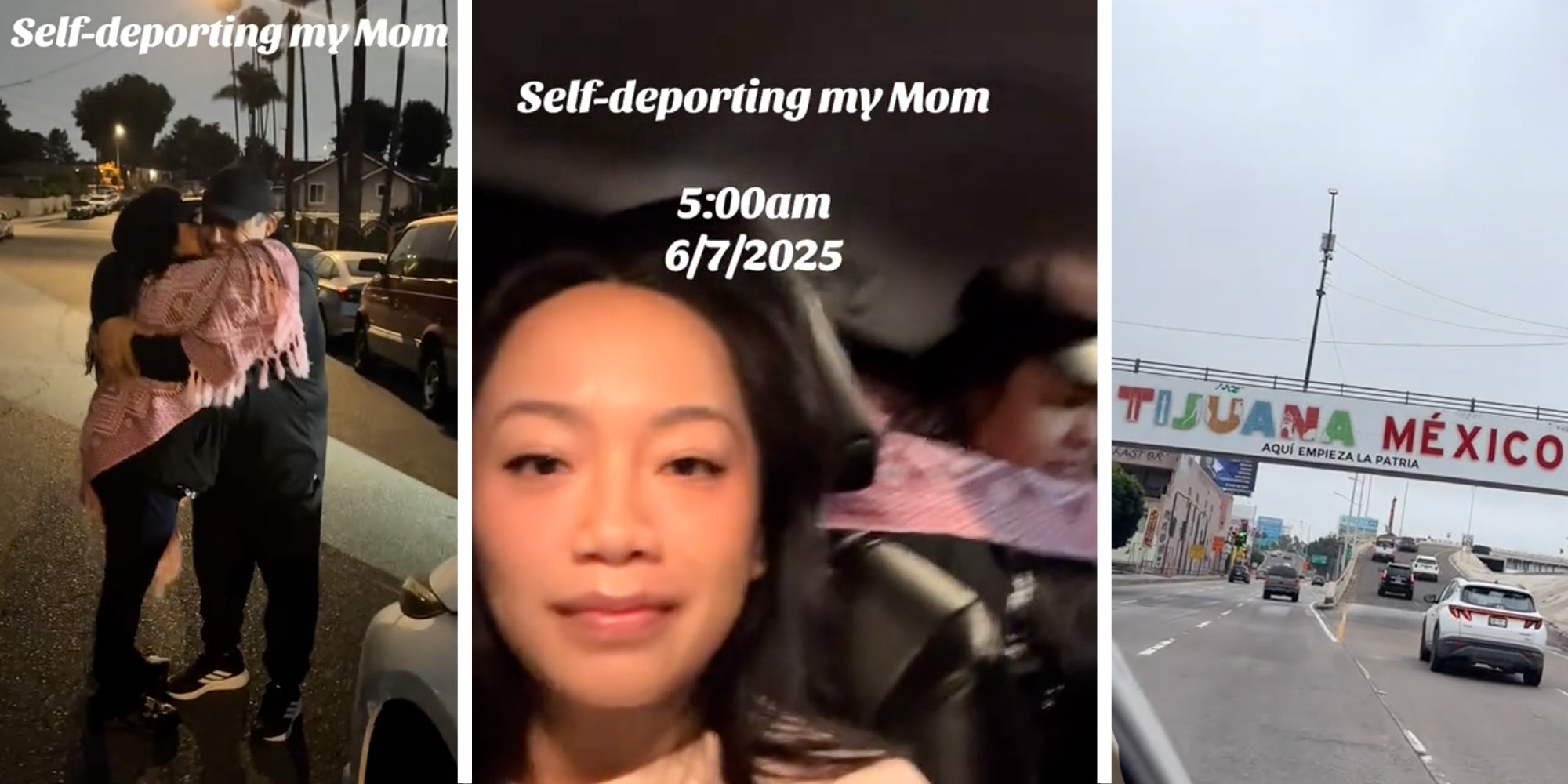 Woman in the passenger seat of a car, an older woman visible behind her, below a caption reading: 'Self-deporting my mom, 5:00am, 6/7/2025'