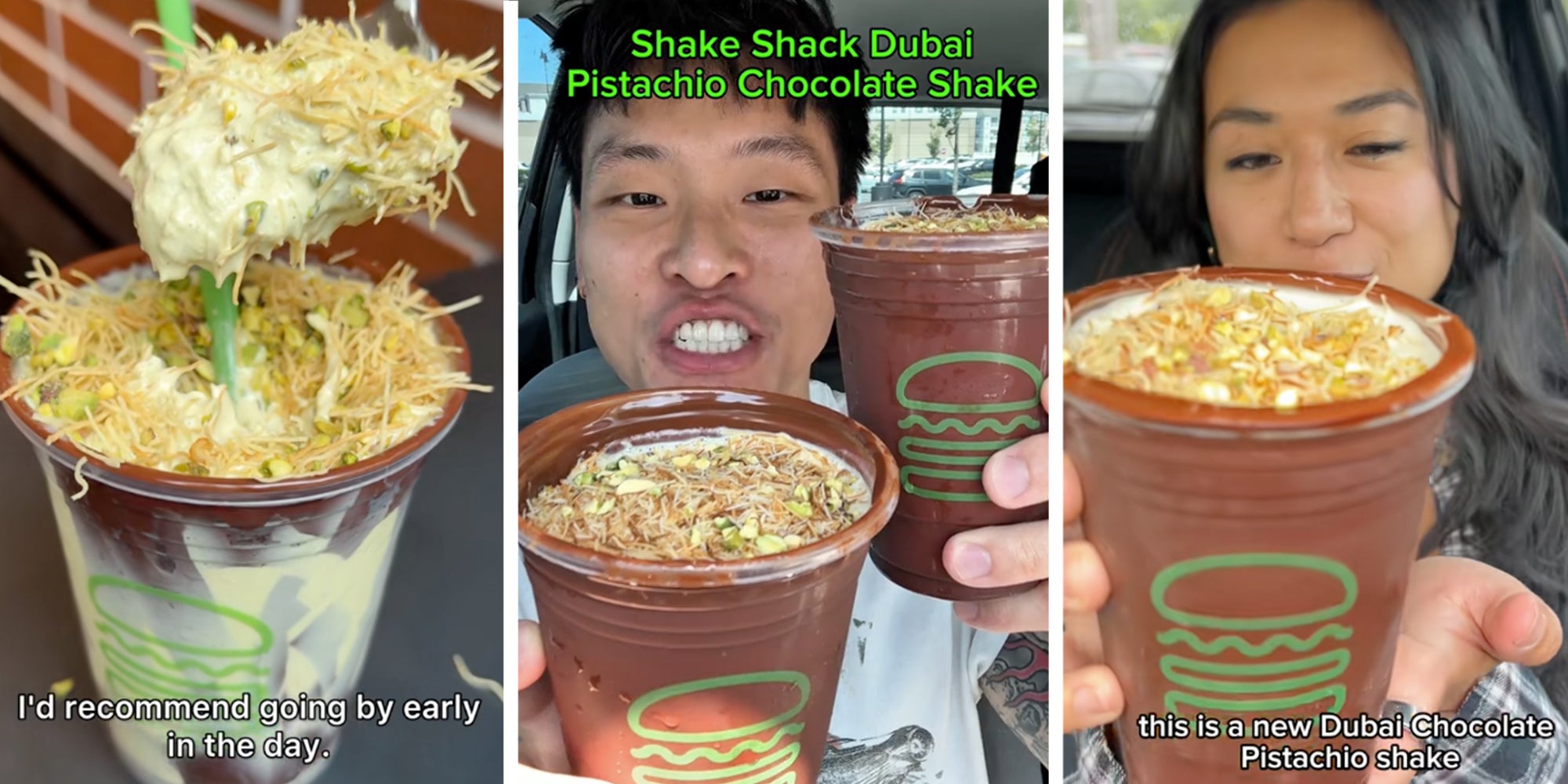 Left: Shake Shack Dubai Pistachio Chocolate Shake under caption reading 'I'd recommend going by early in the day.' Middle: Man holding two Shake Shack Dubai Pistachio Chocolate Shakes Right: Woman holding Shake Shack Dubai Pistachio Chocolate Shake