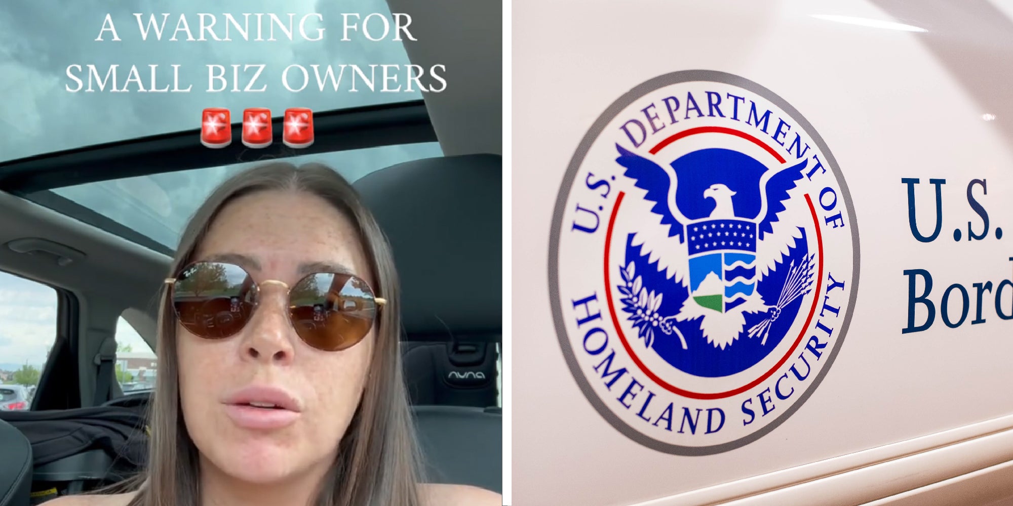 2 panel image of a person explaining and the seal of the US Department of Homeland Security.
