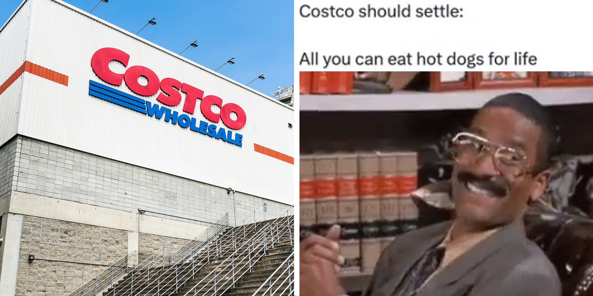 Left Panel: Costco Wholesale building Right Panel: Tweet reading 'Costco should settle' above 'All you can eat hot dogs for life' over an image of a man rubbing his hands together