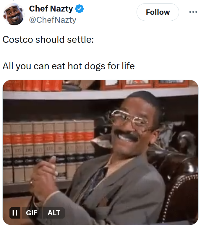 Tweet reading 'Costco should settle: All you can eat hot dogs for life' Below is a gif of the Kramer lawyer from Seinfeld smiling.
