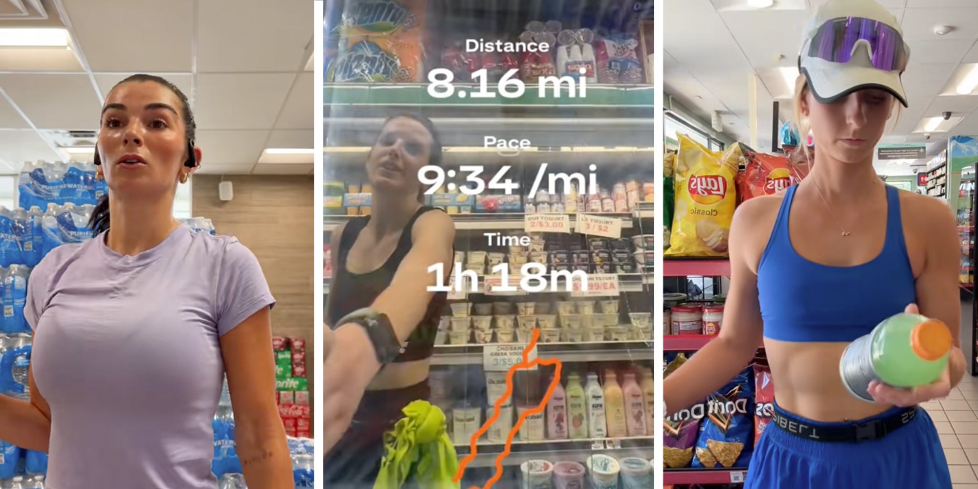 Strava Fridge Trend: 3 panel: Women taking beverages out of a fridge then posting their Strava run stats