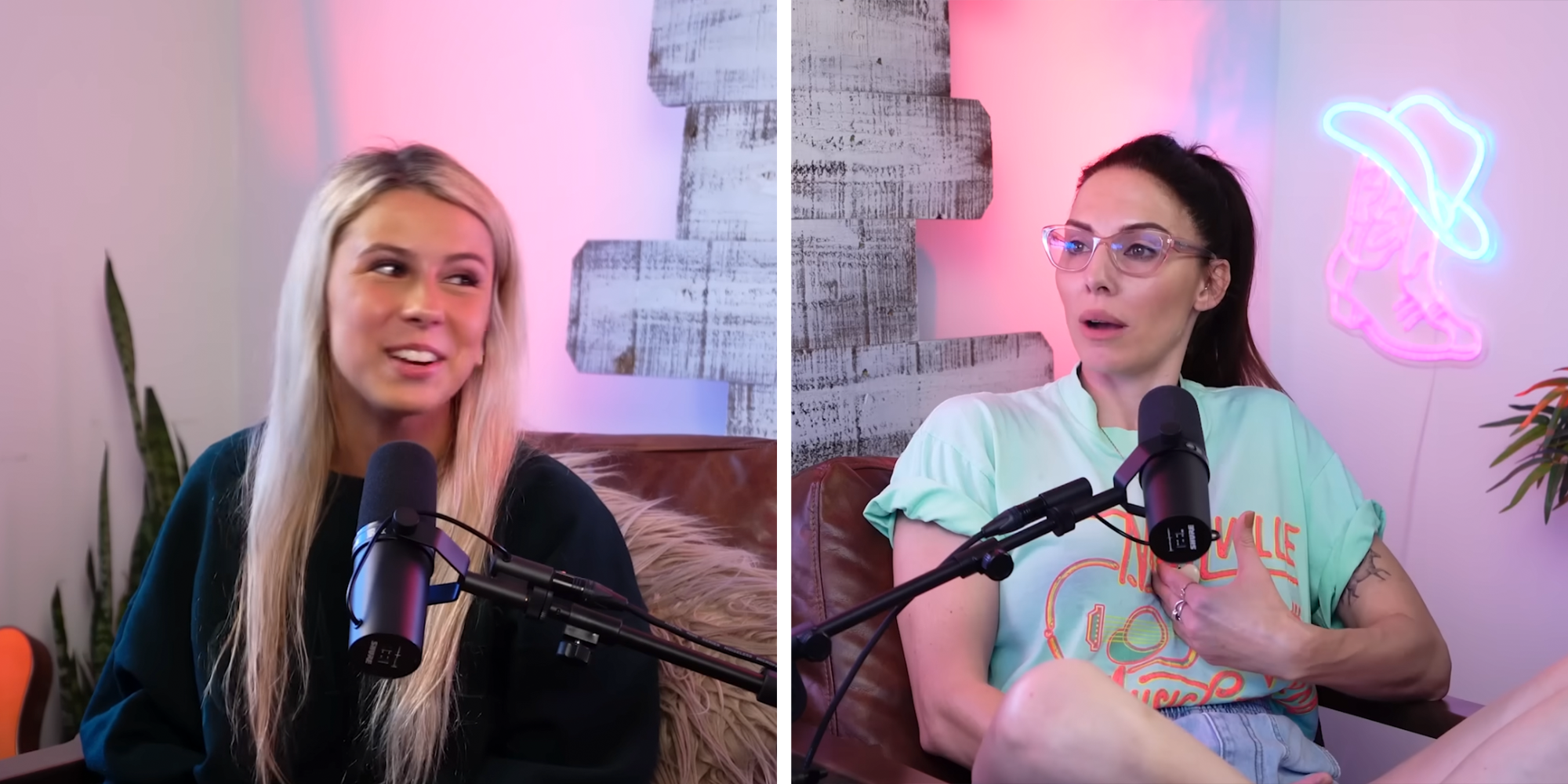 Creator of the Hawk Tuah meme Haliey Welch sits in front of a mic, across from comedian Whitney Cummings as they record an episode of 'Talk Tuah.'