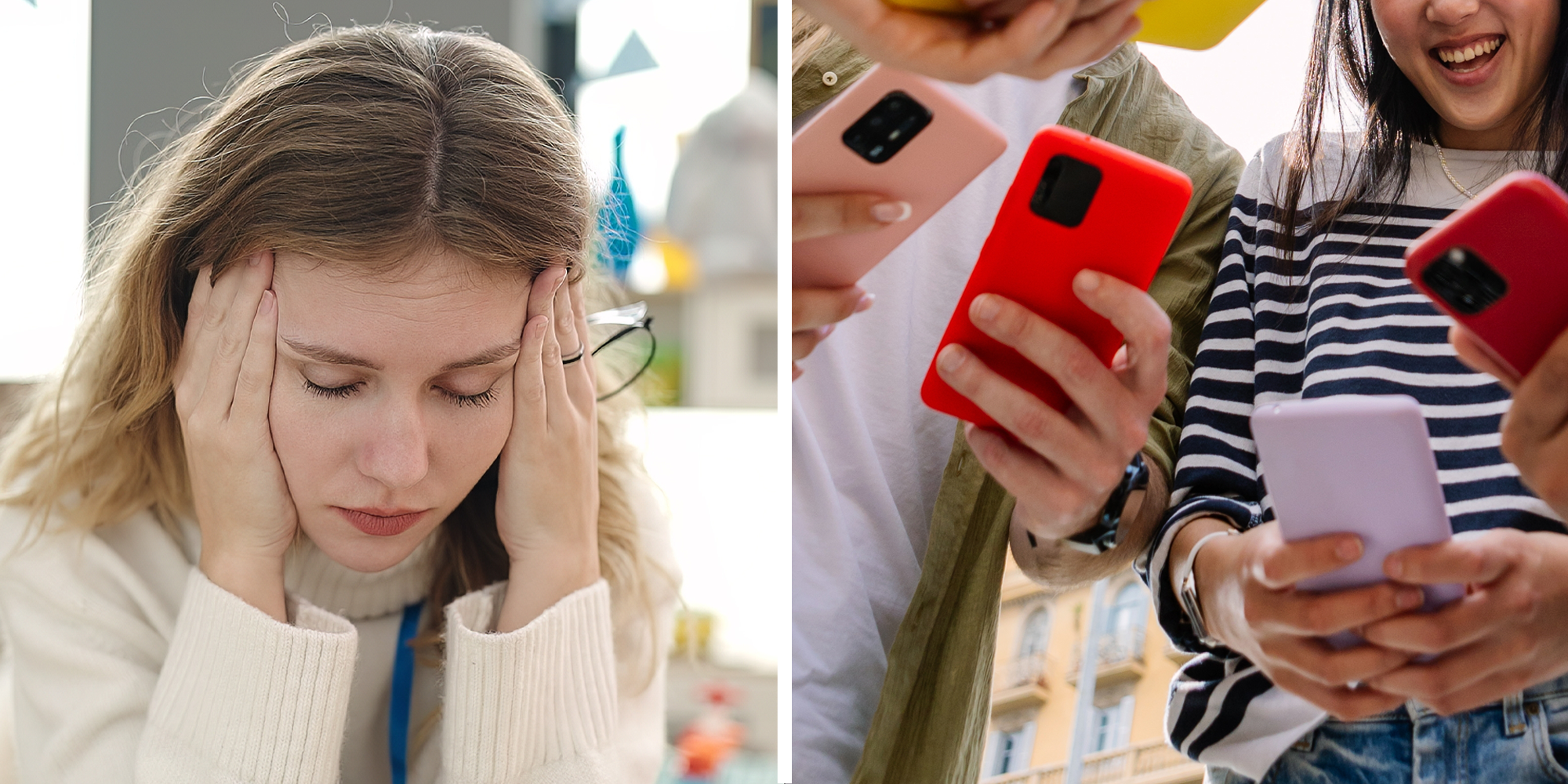 2 panel image of a stressed teacher and teenagers on their phones