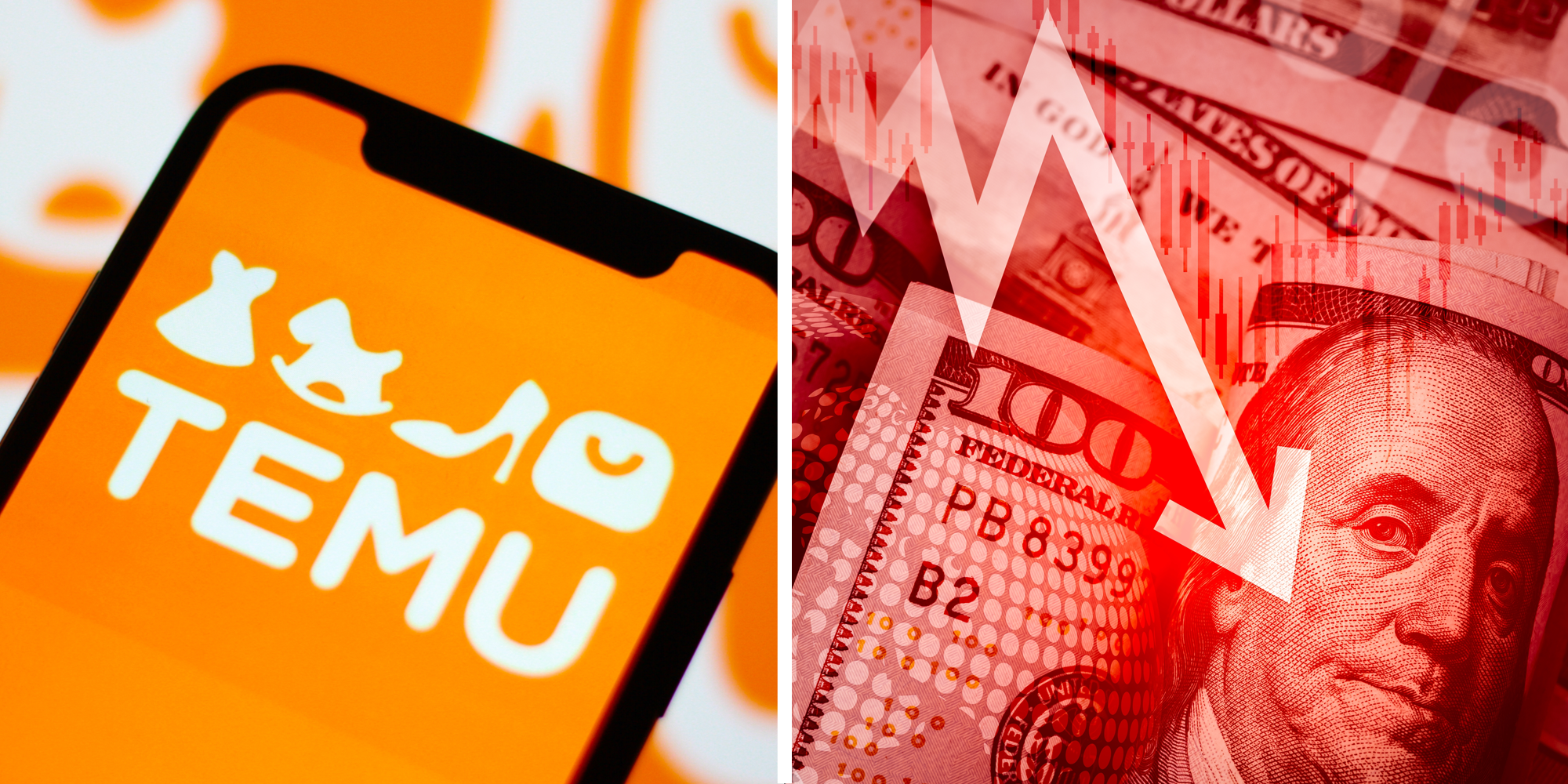 2 panel image of the shopping site Temu and a hundred dollar bill with a red downward facing arrow
