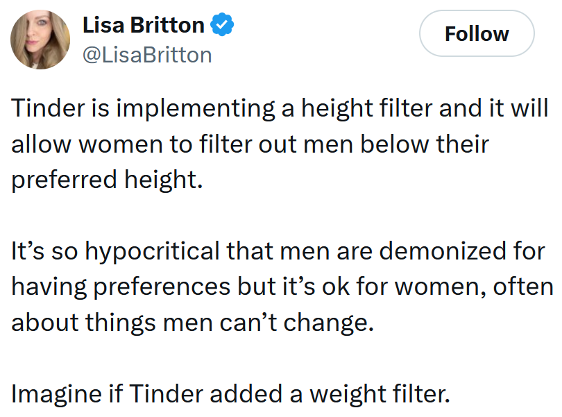 Tweet reading 'Tinder is implementing a height filter and it will allow women to filter out men below their preferred height. It’s so hypocritical that men are demonized for having preferences but it’s ok for women, often about things men can’t change. Imagine if Tinder added a weight filter.'