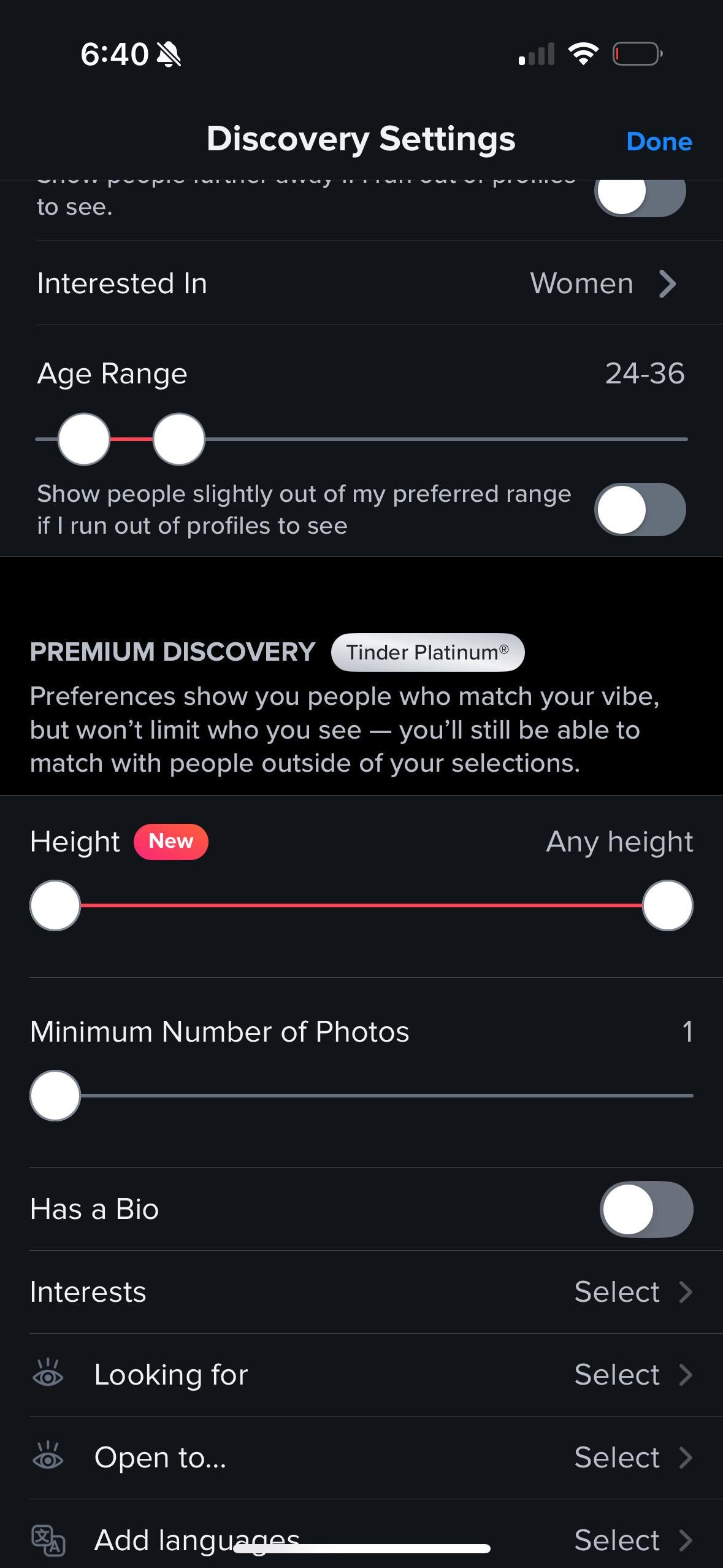 Screenshot of the Tinder app showing the new height filter.