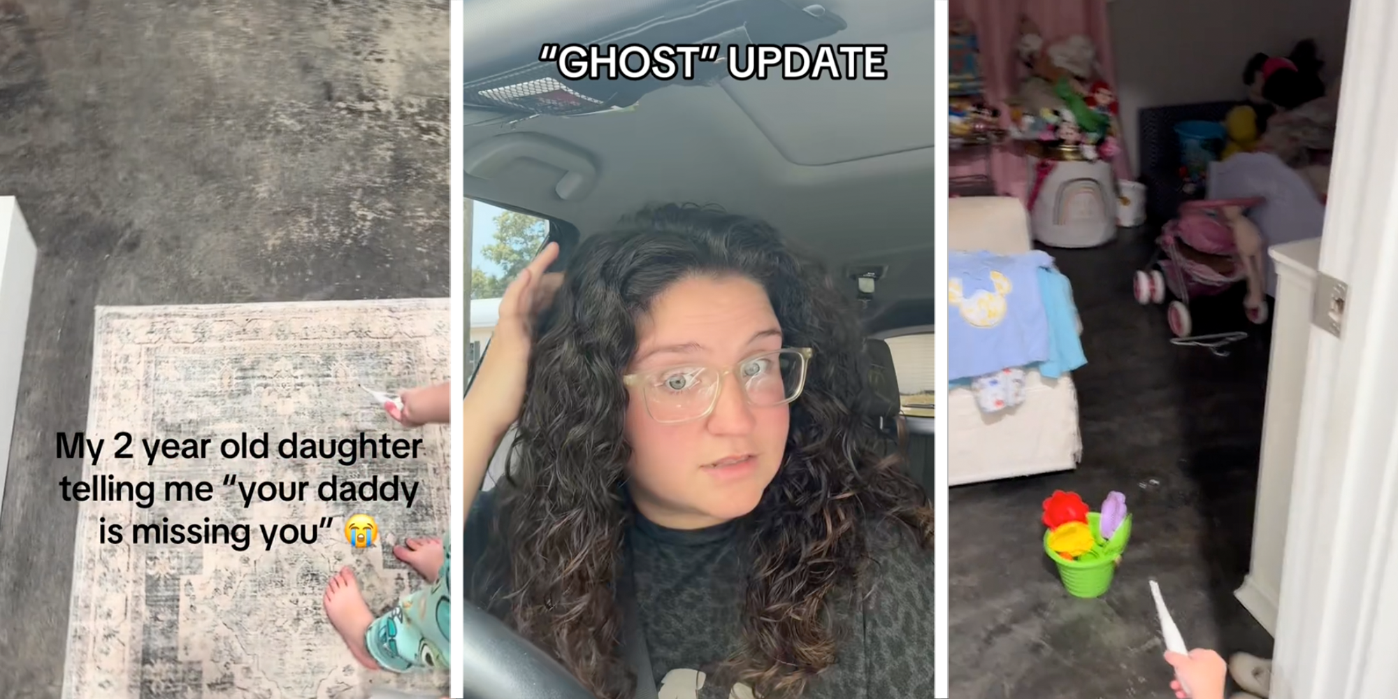 A 2-year-old toddler points a stick at the ground, then into a dark room full of toys. In the center panel, her mother, a woman with curly hair and glasses looks stunned. The text reads, "My 2 year old daughter telling me 'your daddy is missing you'" followed by a crying emoji.