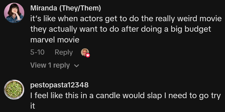 TikTok comments including one reading 'it’s like when actors get to do the really weird movie they actually want to do after doing a big budget marvel movie'