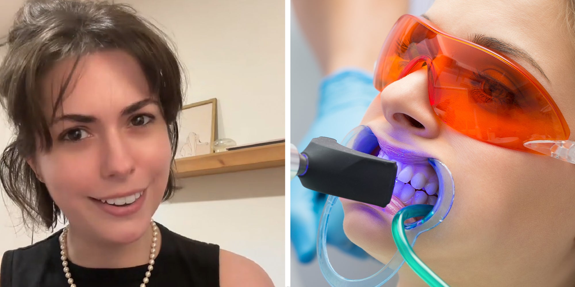 2 panel image of a person explaining and a another person getting their teeth whitened in a dentist's office.