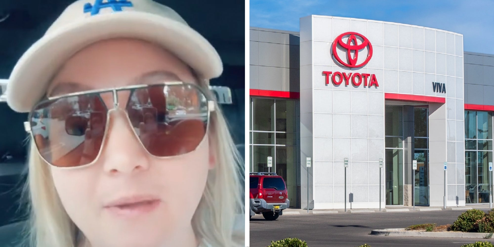 2 panel image: a person explains and we see the exterior of a Toyota dealership.