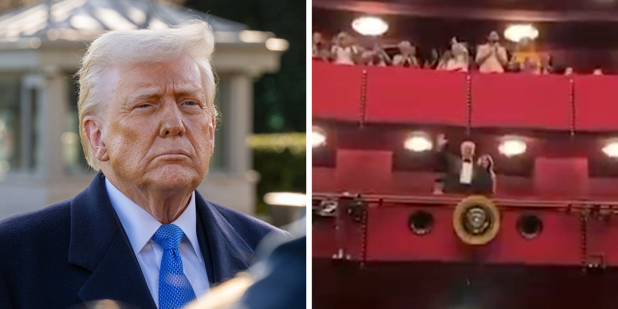 Left: President Donald Trump before boarding Marine 1 Right: Trump and Melania Trump booed at Kennedy Center video screenshot