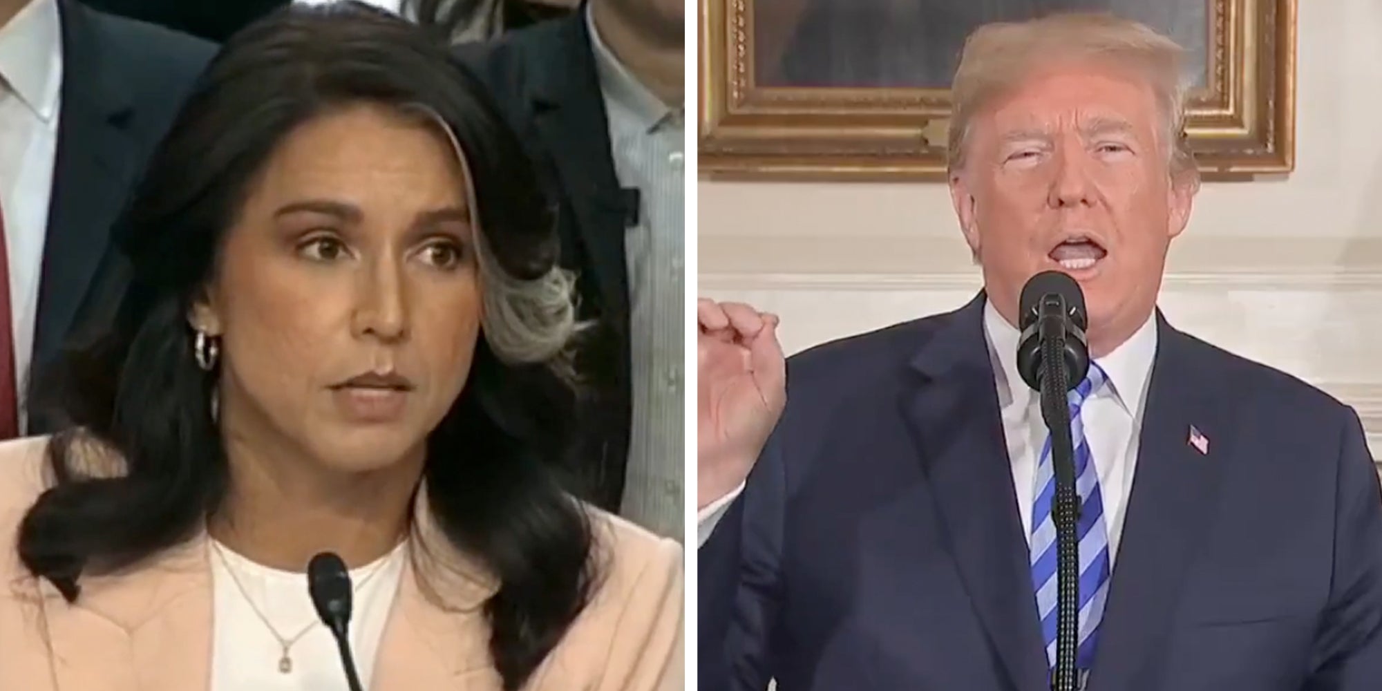 Left: Trump director of National Intelligence Tulsi Gabbard speaking into a microphone Right: President Donald Trump giving a press conference