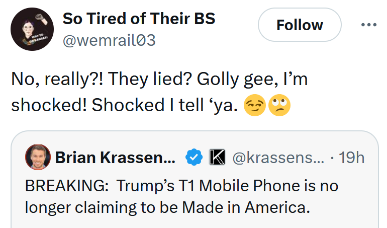 Tweet reading 'No, really?! They lied? Golly gee, I’m shocked! Shocked I tell ‘ya.'