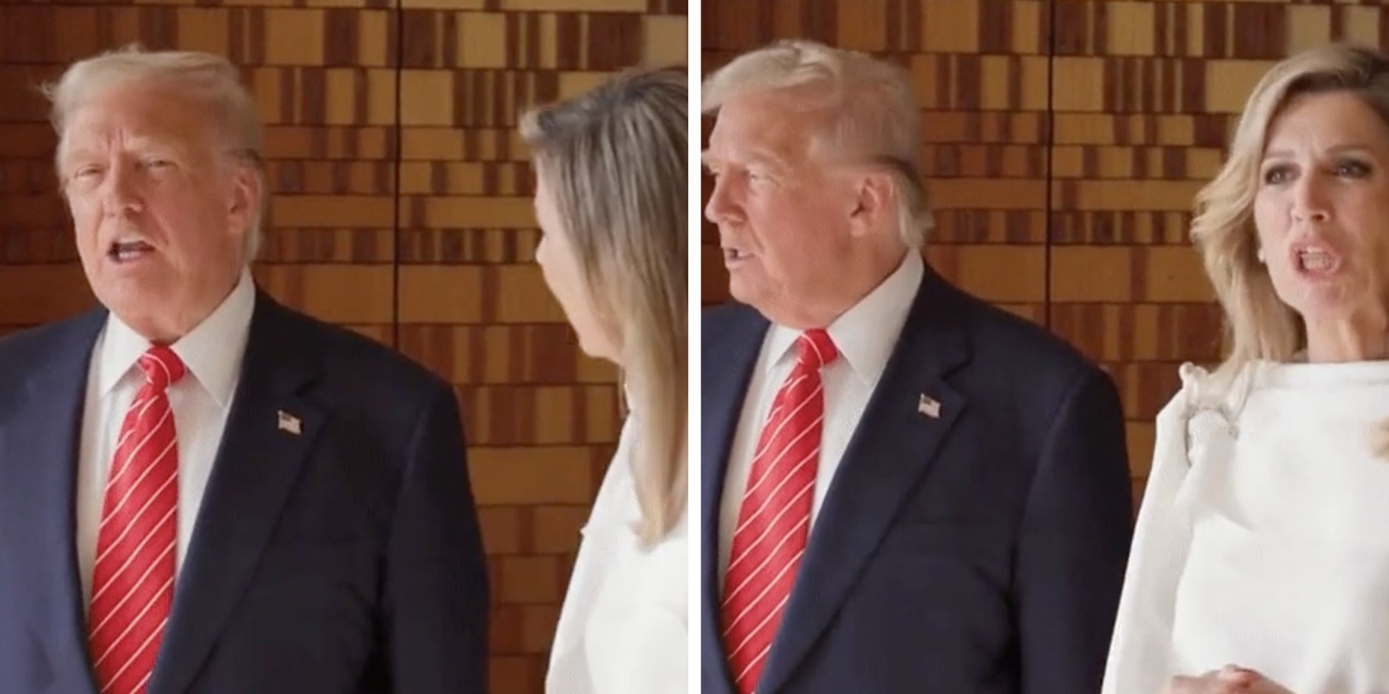 President Donald Trump standing next to Queen Maxima Of The Netherlands, she appears to be mocking him