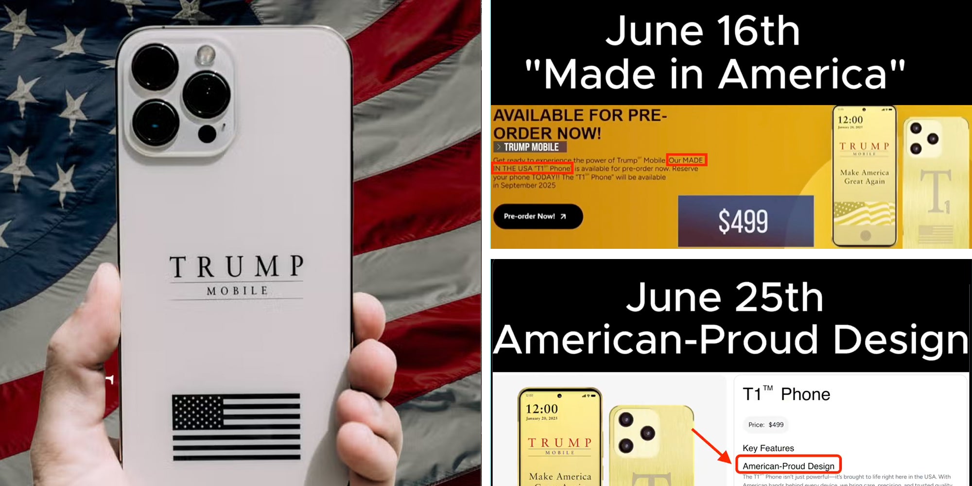 Left: Hand holding Trump branded iPhone against American flag background Right: Trump Mobile website showing change to marketing text before and after, from 'June 16th 'Made in America'' to 'June 25th American-Proud design'