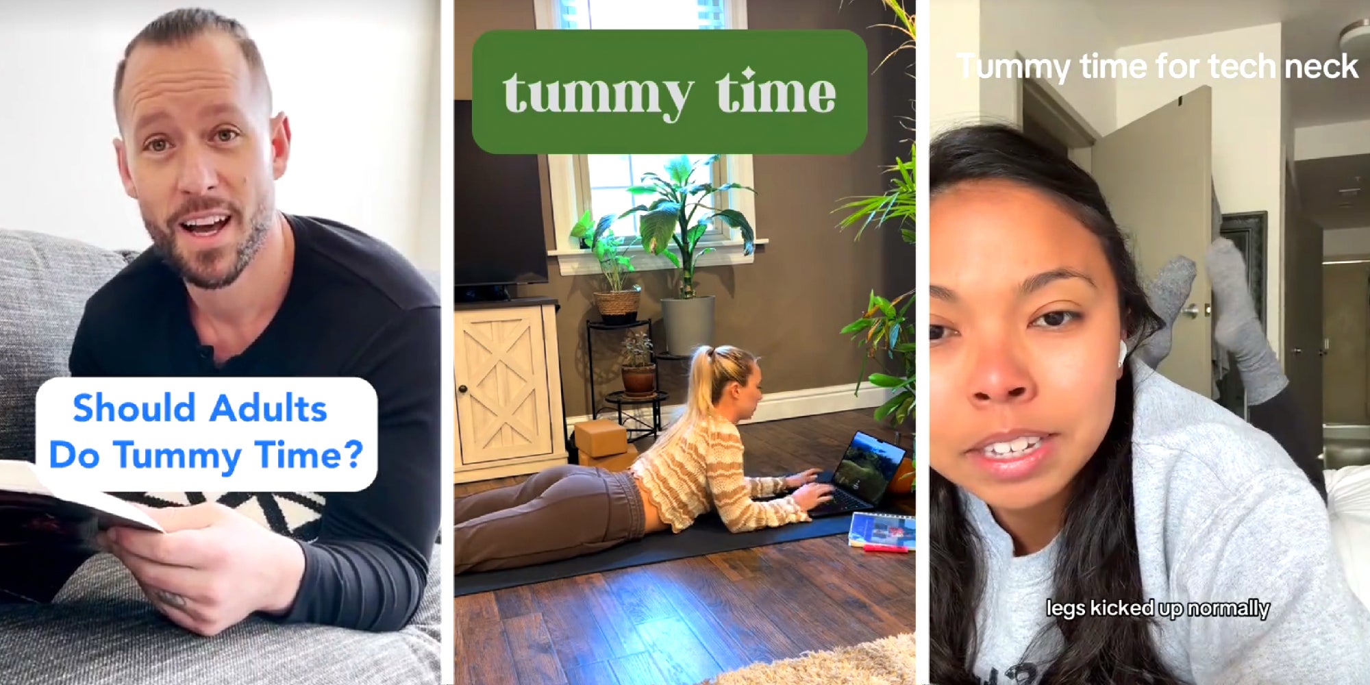 3 panel image showing examples of the Tummy Time for Adults trend.