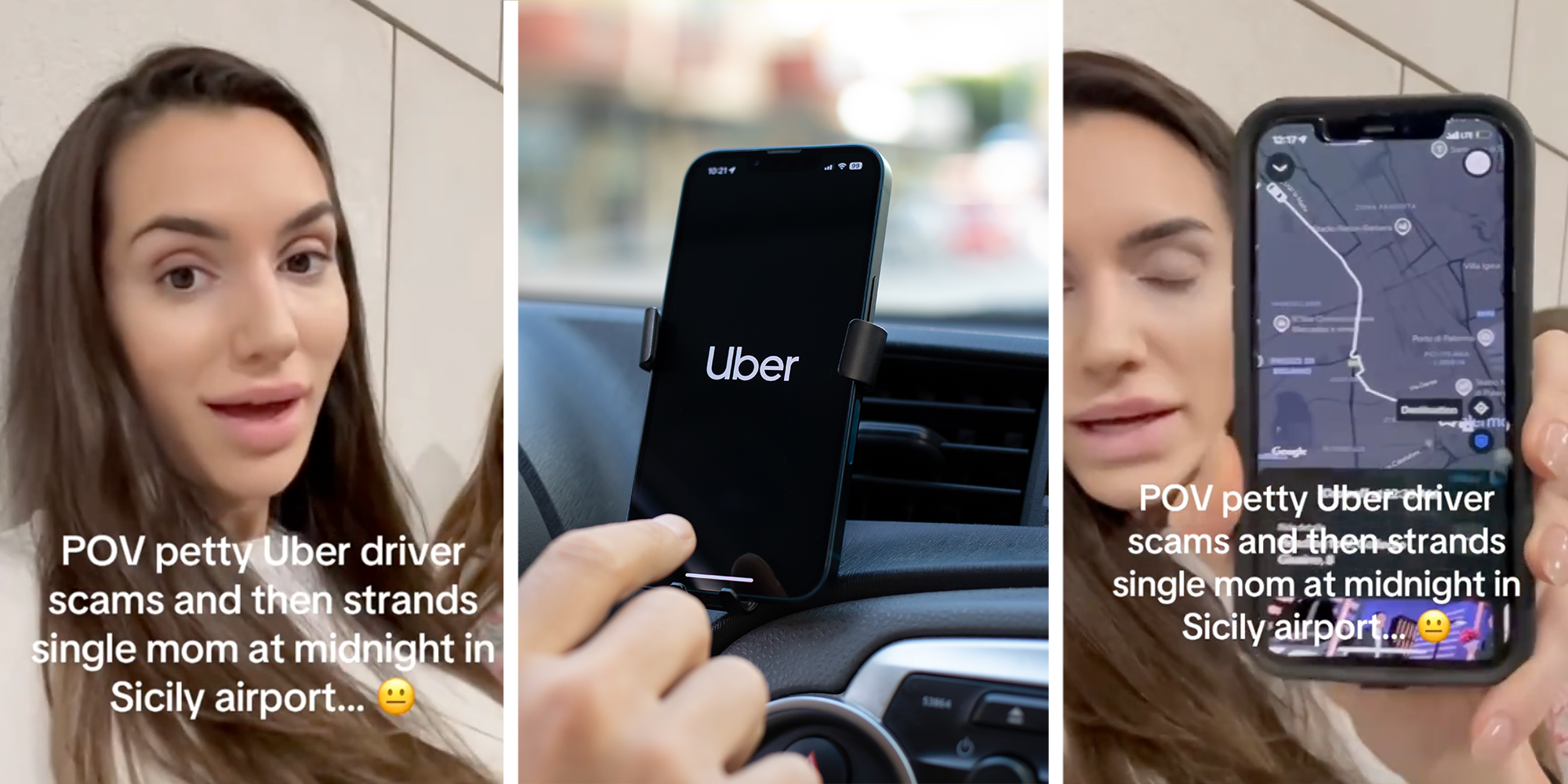 Woman holds up phone with the Uber app, showing that her driver is driving to their Airbnb without them.