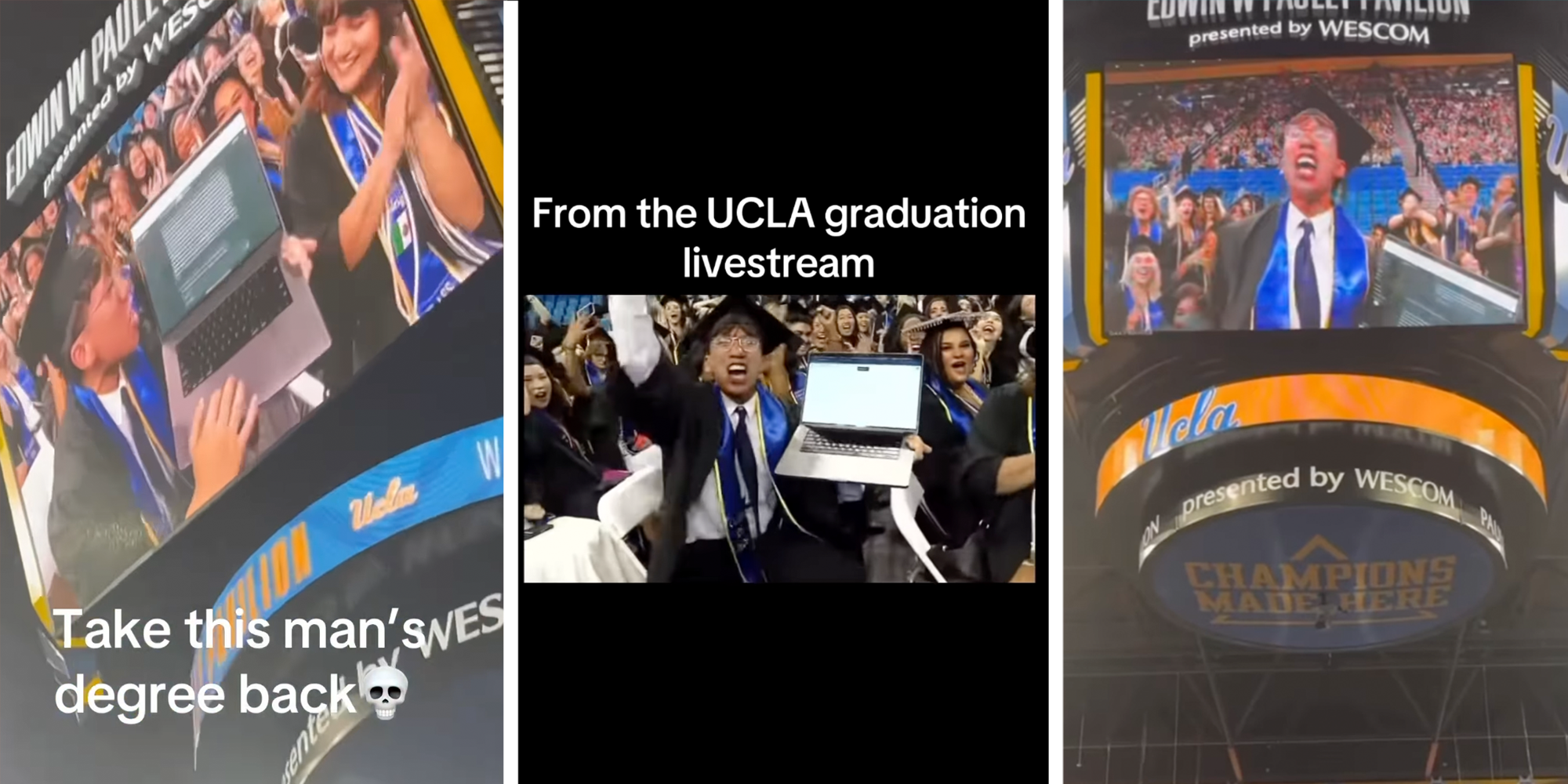 UCLA student holds up his laptop at graduation ceremony. On the laptop, he shows ChatGPT and completed assignments. He lifts his arms up as the crowd around him hypes him up.