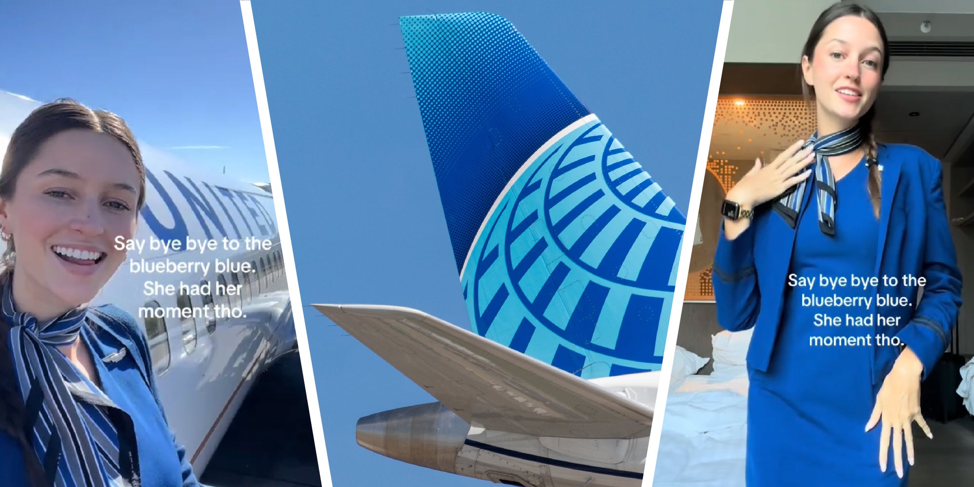 3 panel image of a flight attendant for United Airlines dressed in their signature blue color.