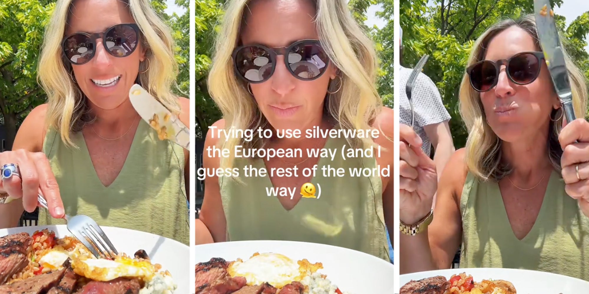 Three panel: Blonde woman eating steak and eggs with a caption overlay reading: 'Trying to use silverware the European way (and I guess the rest of the world way)'