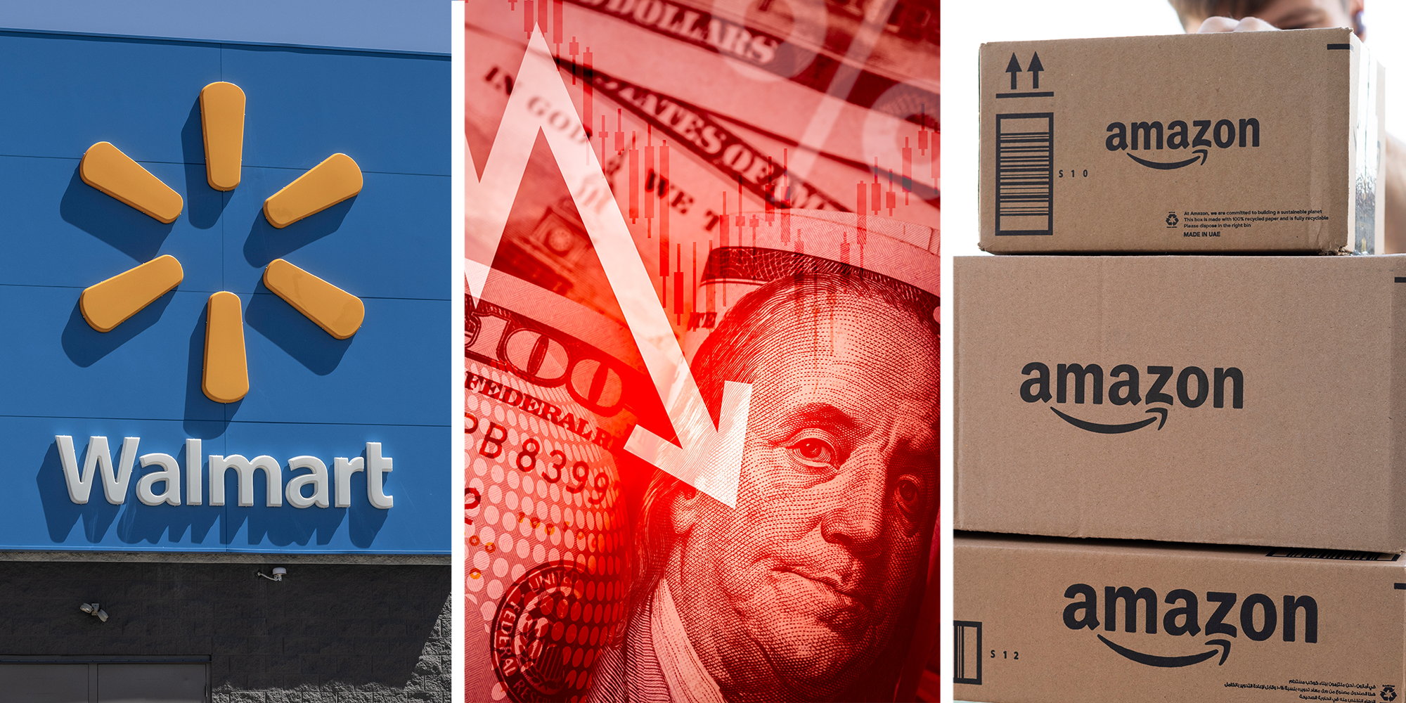 Walmart storefront. A red arrow points down over a stack of $100 USD bills. A stack of brown boxes show the Amazon logo.
