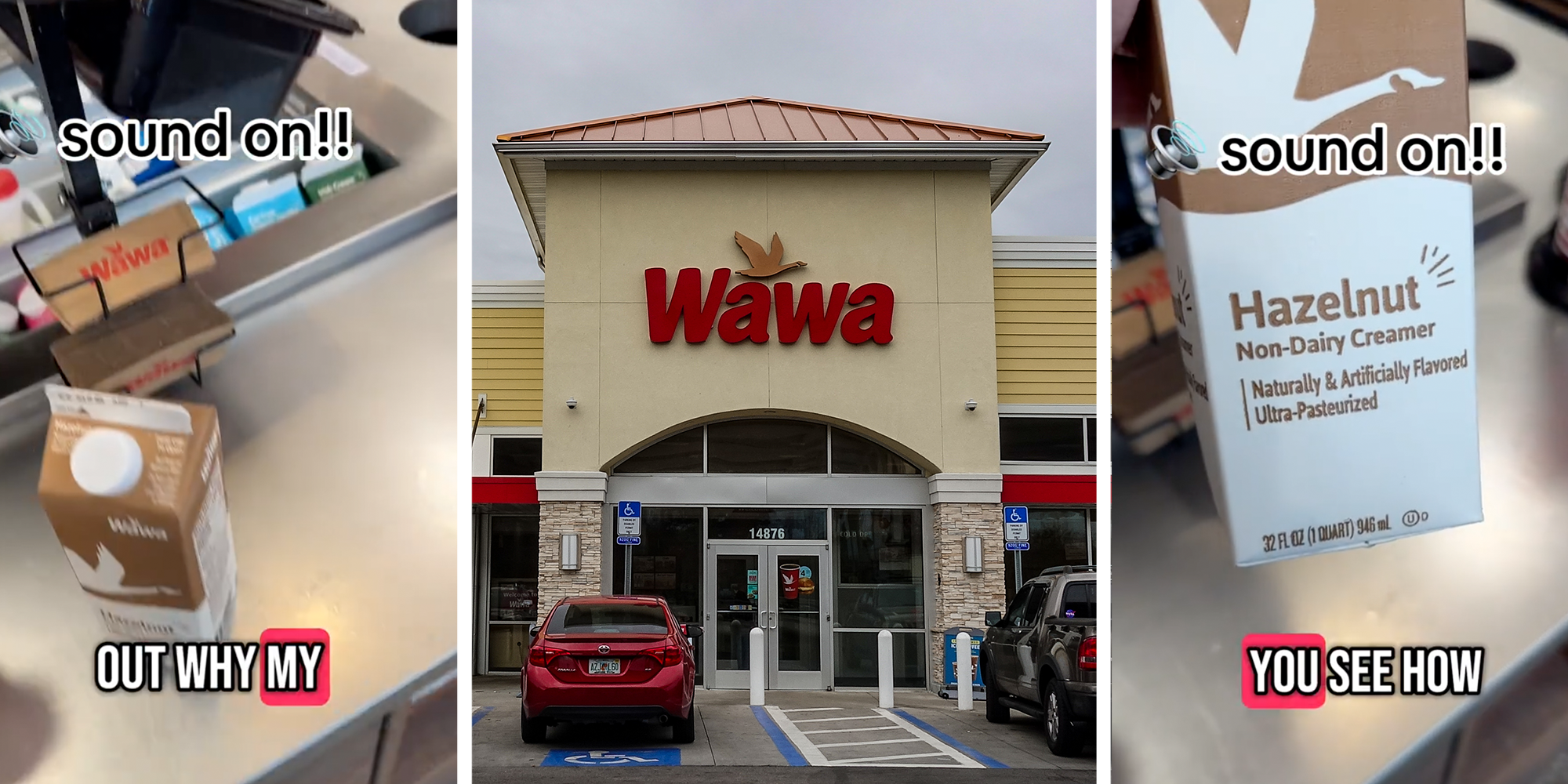 Customer films Wawa hazelnut non-dairy creamer inside the store. She picks it up to turn it around. Wawa storefront.