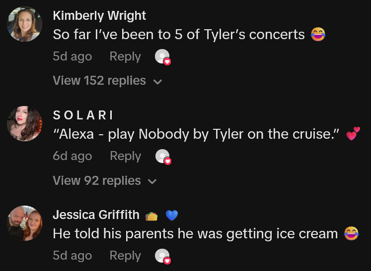 TikTok comments including one reading 'Alexa - play Nobody by Tyler on the cruise.'