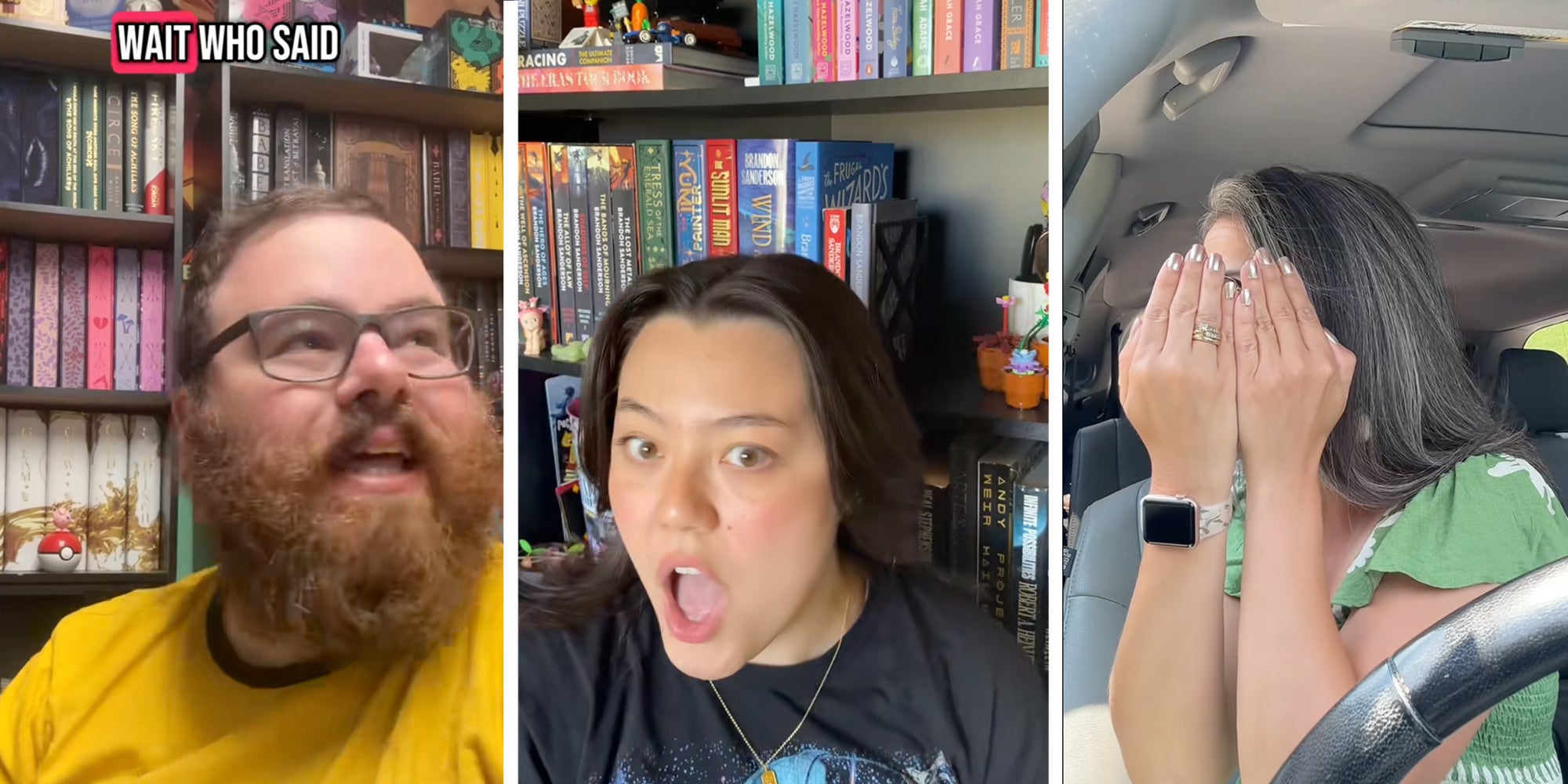3 panel: TikTokers in front of their bookshelves doing the viral 'Who said that?' TikTok challenge