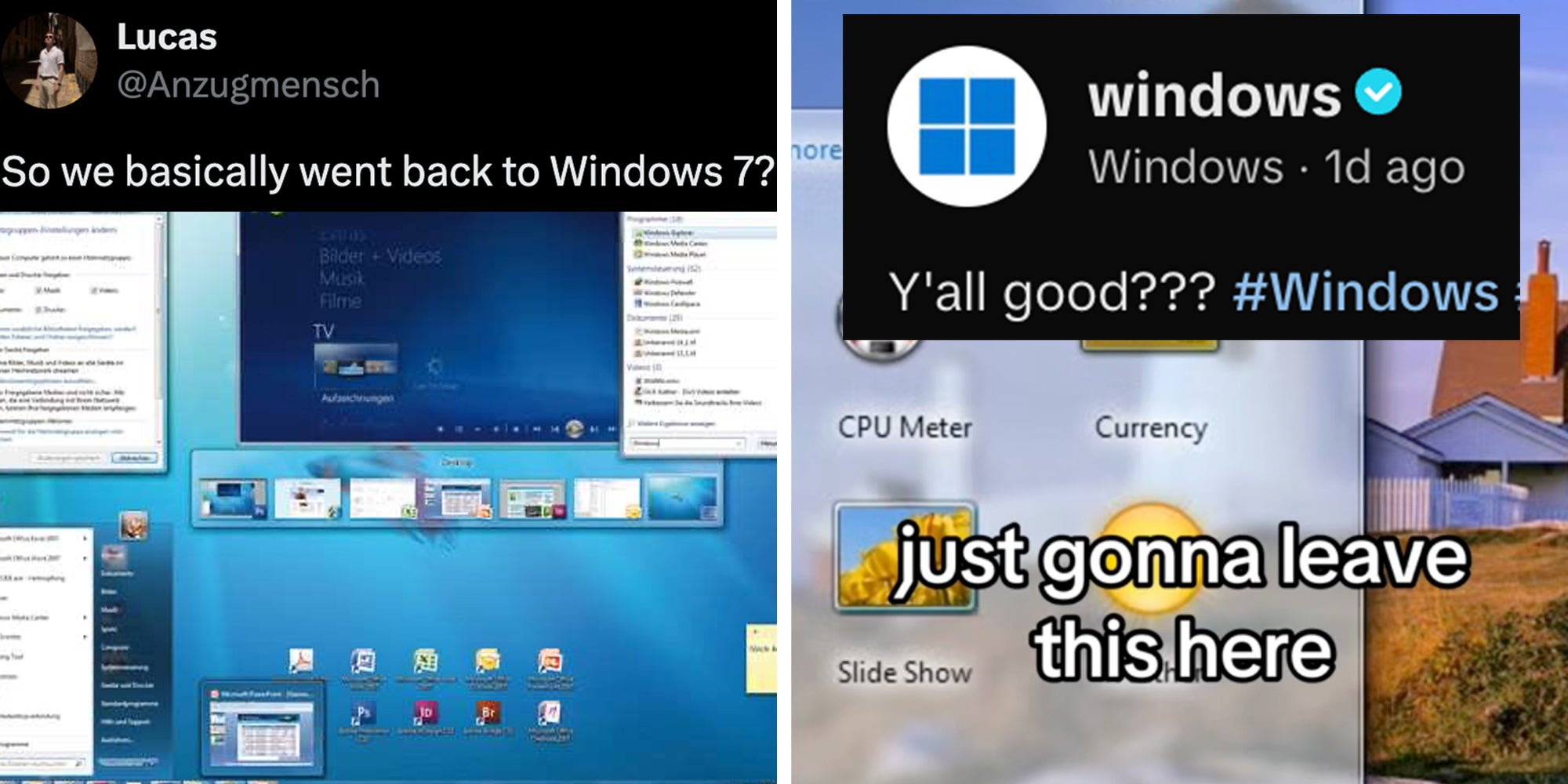 Left: Tweet reading 'So we basically went back to Windows 7? Nice! #wwdc #iOS26' Right: Microsoft Windows TikTok account