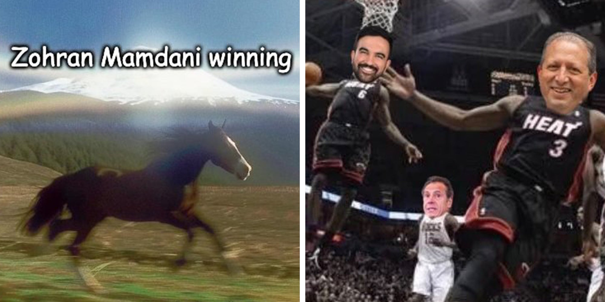 zohran mamdani memes: Left: Running horse meme under caption reading Zohran mamdani winning Right: NBA meme showing Zohran Mamdani dunking on Andrew Cuomo