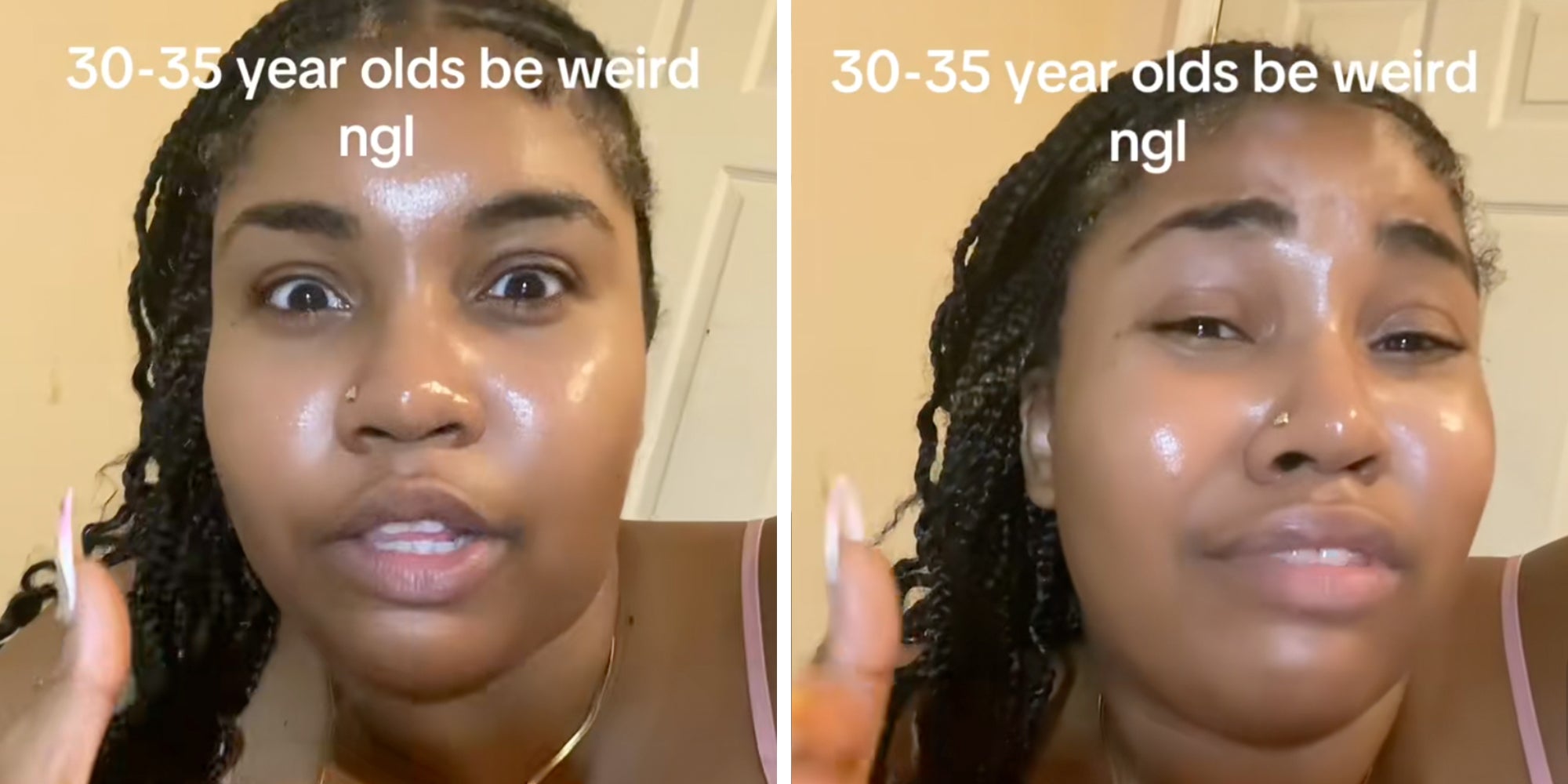 Woman looking into camera under caption reading '30-35 year olds be weird ngl'