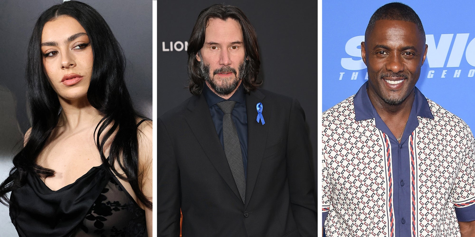 3 Panel: Left: Charli XCX at the Nosferatu Los Angeles Premiere at TCL Chinese Theater. Middle: Keanu Reeves at the premiere for "John Wick: Chapter 4" at the TCL Chinese Theatre, Hollywood. Right: Idris Elba arrives for ‘Sonic 2’ Hollywood Premiere on April 05, 2022 in Westwood, CA