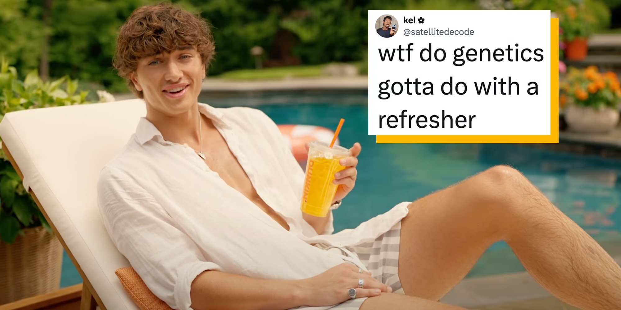 Left: Tweet reading 'wtf do genetics gotta do with a refresher' Right: Dunkin' Donuts Gavin Casalegno ad