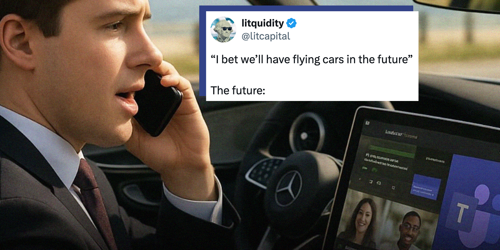 Left: Tweet reading, “I bet we’ll have flying cars in the future” The future: Right: AI-generated image of a man on the phone driving a Mercedes-Benz while speaking on a Microsoft Teams meeting