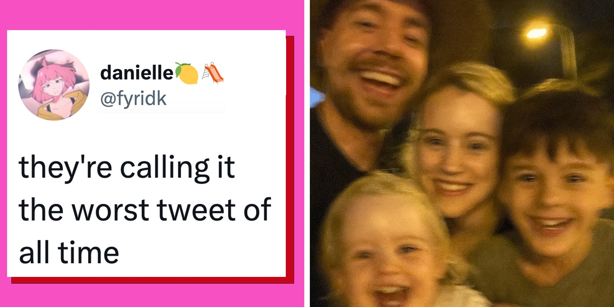 Left: Tweet reading 'They're calling it the worst tweet of all time' Right: AI-generated image of streamer MrBeast next to his fiancee and AI-generated children