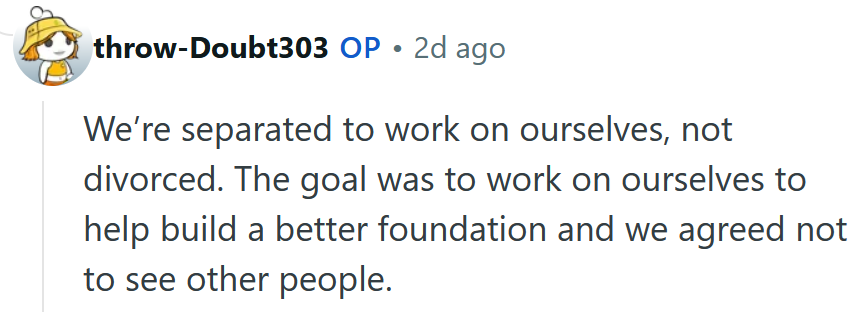 Reddit comment reading 'We’re separated to work on ourselves, not divorced. The goal was to work on ourselves to help build a better foundation and we agreed not to see other people.'