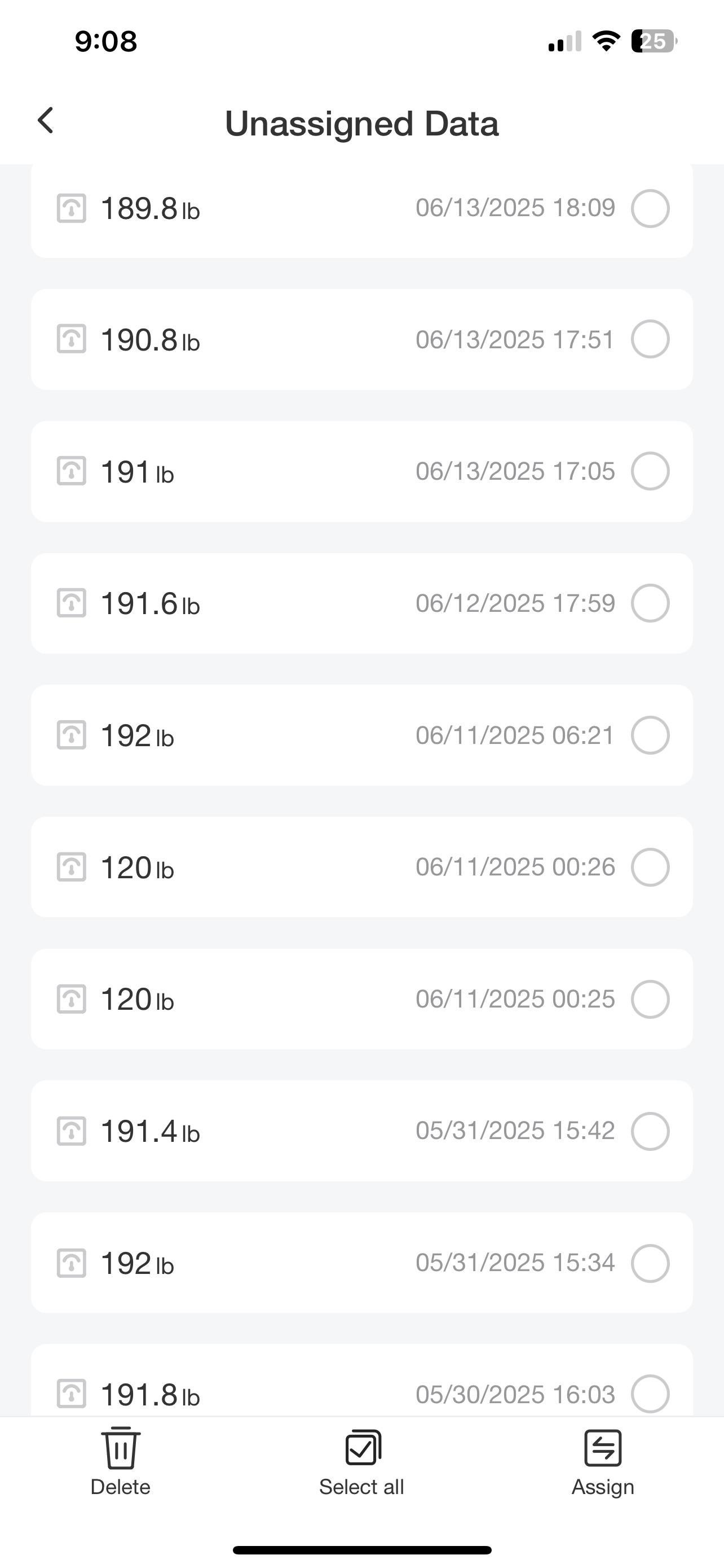 Screenshot of weigh-in recordings by a digital scale.