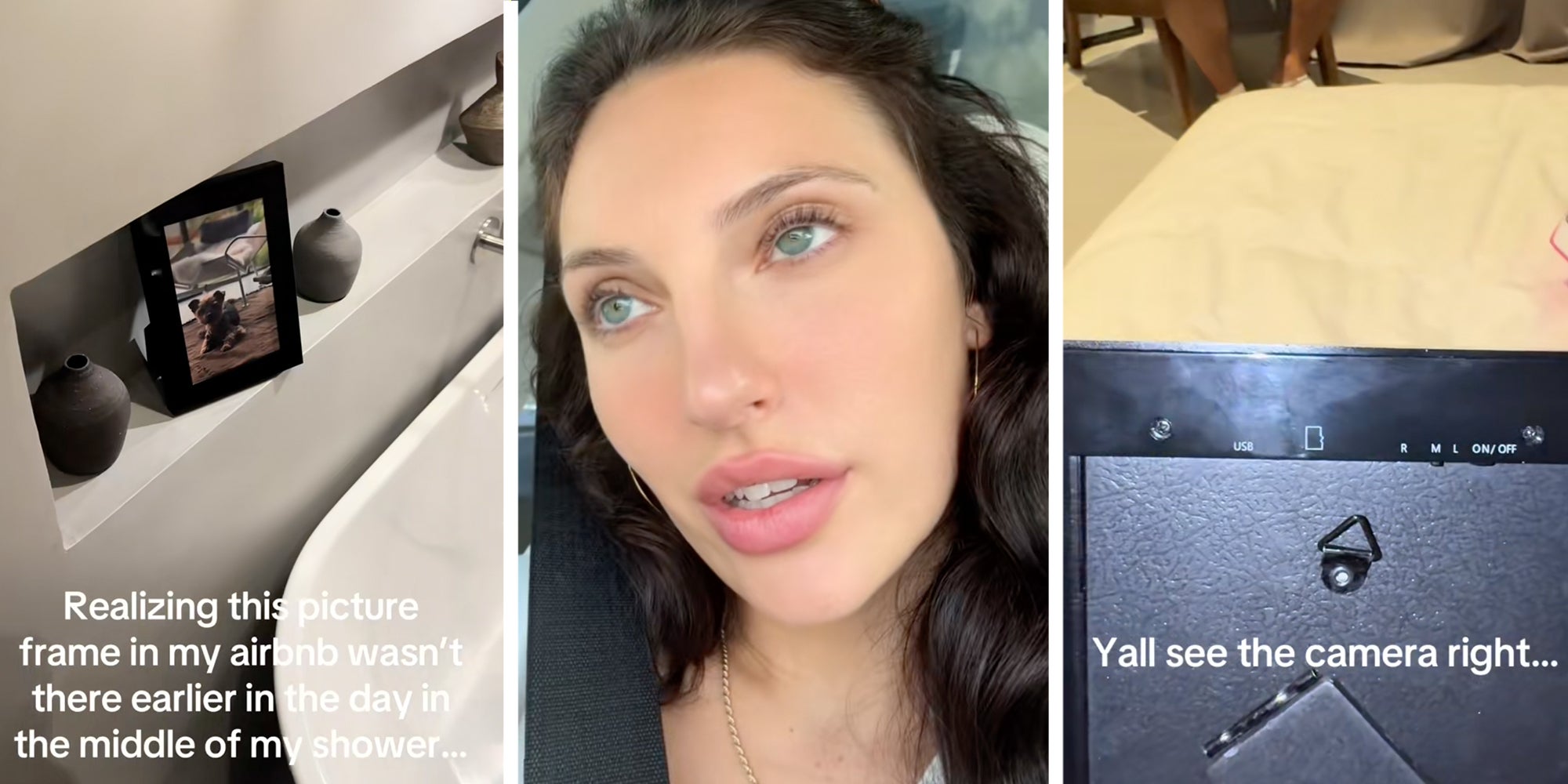 Left: Picture frame holding a hidden camera in an Airbnb under caption reading 'Realizing this picture frame in my airbnb wasn't there earlier in the day in the middle of my shower...' Middle: Brunette woman Right: Caption reading 'Yall see the camera right..'