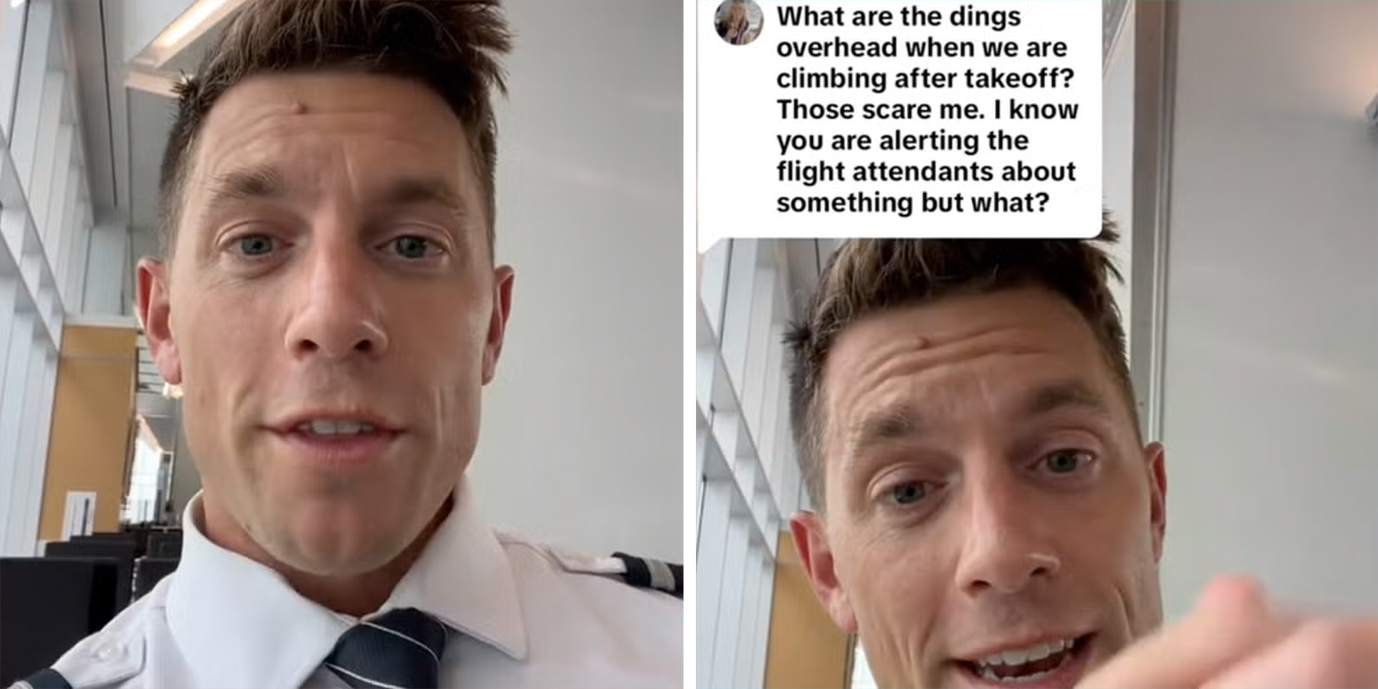 Airplane pilot in uniform speaking into the camera