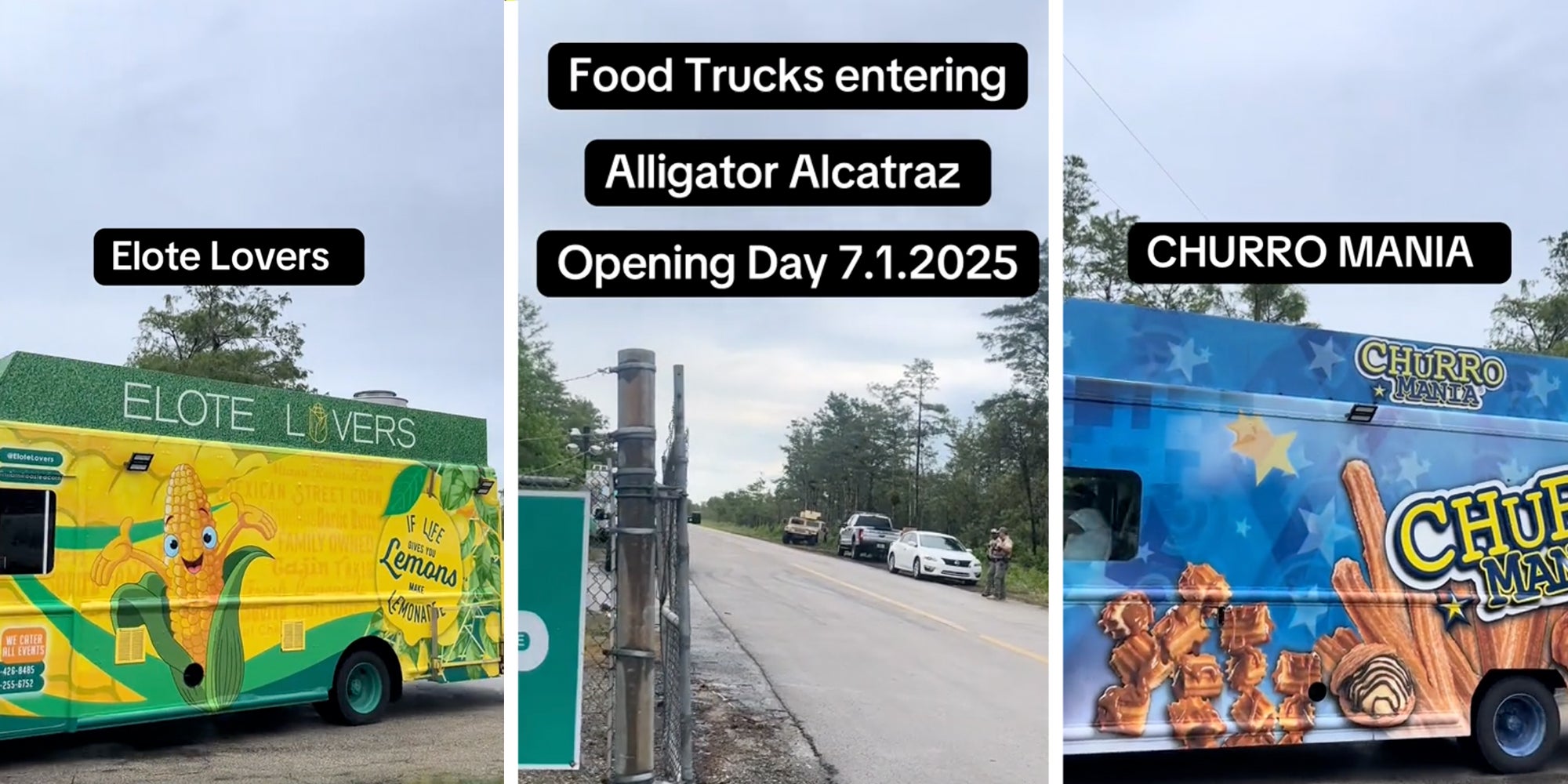 Left: Elote lovers food truck entering Alligator Alcatraz Right: Churro Mania food truck entering Alligator Alcatraz