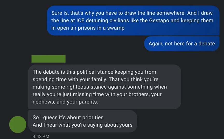 Text conversation with accusations of missing family time for politics.
