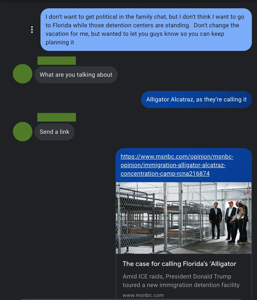 Text conversation announcing a Florida boycott over Alligator Alcatraz.