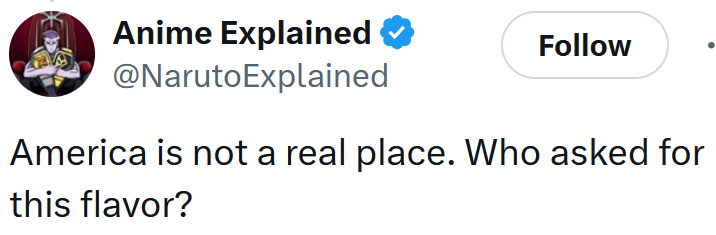 Tweet reading 'America is not a real place. Who asked for this flavor?'